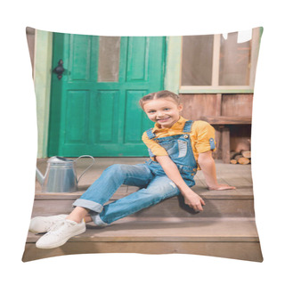 Personality  Adorable Smiling Little Girl Sitting On Porch With Watering Can    Pillow Covers