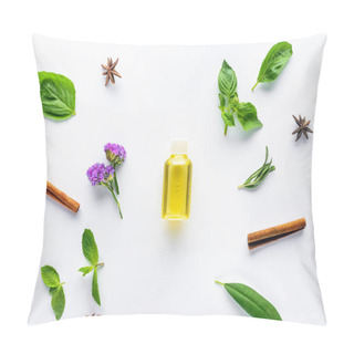 Personality  Top View Of Bottle Of Natural Essential Oil, Cinnamon Sticks, Carnation And Scattered Green Leaves Isolated On White Pillow Covers