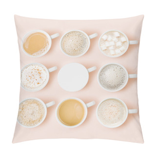 Personality  Set Of Coffee Cups Assortment On Pale Pink Background. Flat Lay, Top View Collection Pillow Covers