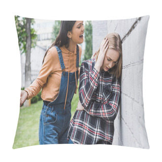 Personality  Aggressive And Brunette Teenager Screaming At Blonde And Scared Teenager Pillow Covers