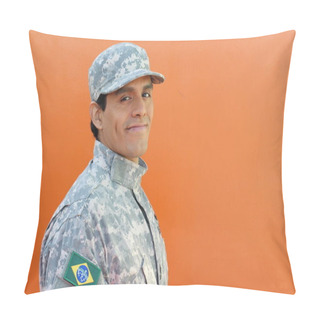 Personality  Brazilian Army Soldier On Orange Background With Copy Space Pillow Covers