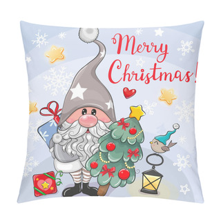 Personality  Cute Cartoon Gnome With Christmas Tree On A Blue Background Pillow Covers