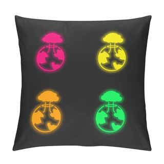 Personality  Bomb Exploding On Earth Four Color Glowing Neon Vector Icon Pillow Covers