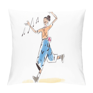 Personality  Young Woman Walking And Singing With Big Smile At Street, Happy Music Note In Lifestyle Moment. Illustration Of Happy Life. Sketch With Line Art And Pastel Color. Cartoon For Article Pillow Covers