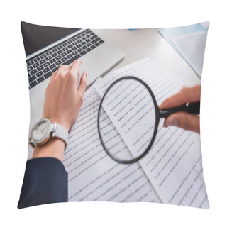 Personality  Cropped View Of Translator Holding Magnifier Glass Near Documents With English Text, Blurred Foreground Pillow Covers