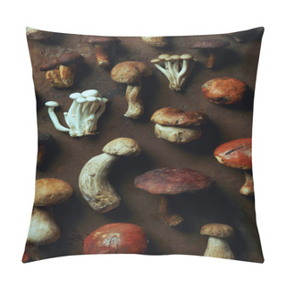 Personality  Top View Of Assorted Raw Edible Mushrooms On Dark Grunge Background  Pillow Covers
