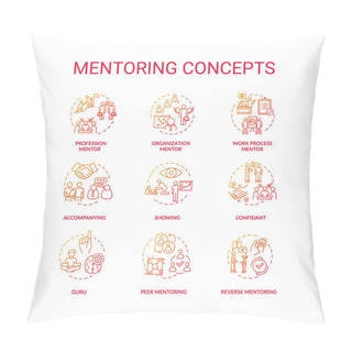 Personality  Mentoring Concept Icons Set. Personal And Professional Growth Idea Thin Line RGB Color Illustrations. Skills Development Help, Knowledge Sharing. Vector Isolated Outline Drawings Pillow Covers