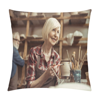 Personality  Woman Painting Clay Pot With Senior Potter At Workshop Pillow Covers