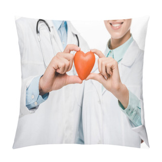 Personality  Cropped Image Of Young Doctors In Medical Coats Showing Heart Symbol Isolated On White Pillow Covers
