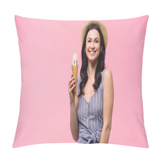 Personality  Smiling Woman In Straw Hat Holding Ice Cream Isolated On Pink  Pillow Covers