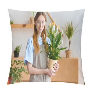 Personality  Beautiful Young Florist In Eyeglasses Holding Potted Calla Flowers And Smiling At Camera Pillow Covers