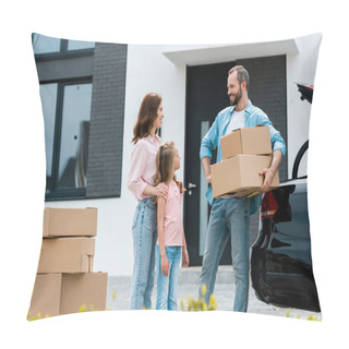Personality  Happy Woman And Kid Looking At Bearded Man With Boxes Pillow Covers