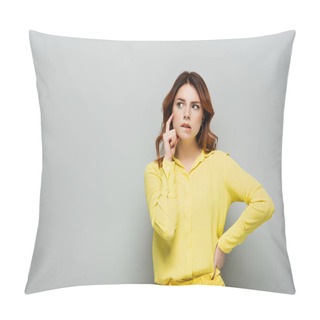 Personality  Pensive Woman Biting Lip While Standing With Hand On Hip On Grey Pillow Covers