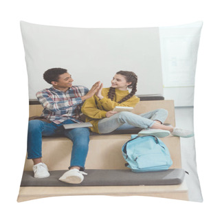 Personality  High School Students Couple Sitting Together At School Corridor And Giving High Five Pillow Covers