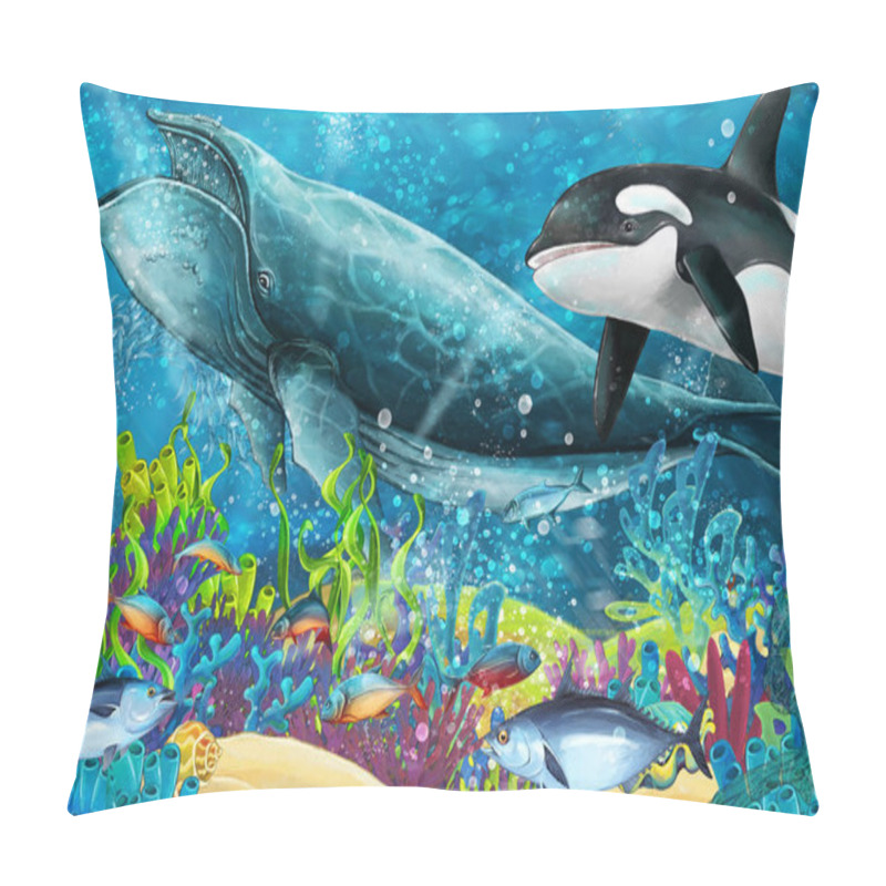 Personality  cartoon scene with whale and killer whale near coral reef - illustration for children pillow covers