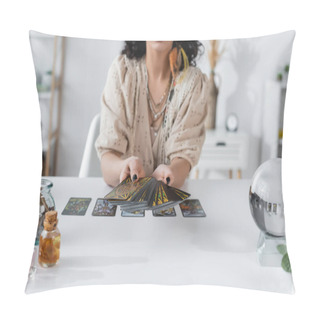 Personality  KYIV, UKRAINE - FEBRUARY 23, 2022: Cropped View Of Tarot Cards In Hands Of Blurred Medium  Pillow Covers