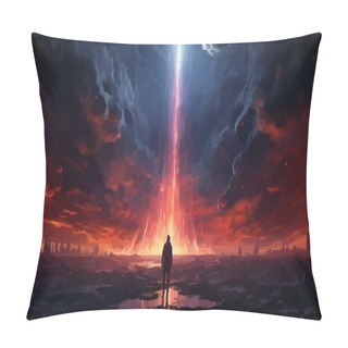 Personality  Futuristic Man Standing And Looking At The Sky With A Strange Beam Of Light., Digital Art Style, Illustration Painting Pillow Covers