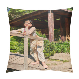 Personality  Happy And Dreamy Indian Woman In Traditional Attire Looking Away On Wooden Bridge In Summer Park Pillow Covers