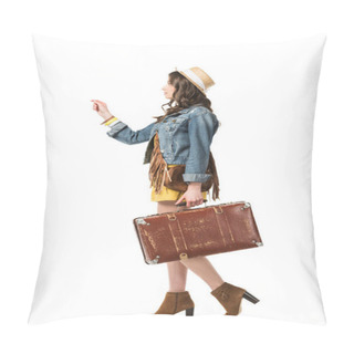 Personality  Side View Of Boho Girl In Straw Hat Holding Suitcase Isolated On White Pillow Covers