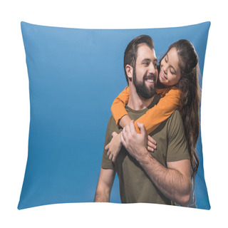 Personality  Handsome Father Giving Piggyback To Adorable Daughter Isolated On Blue Pillow Covers