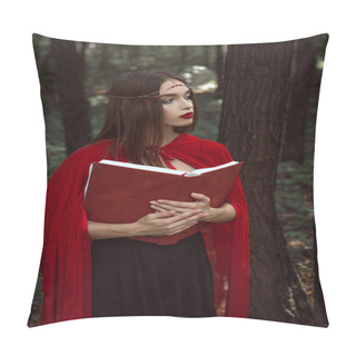 Personality  Beautiful Mystic Girl In Red Cloak And Wreath Holding Magic Book In Forest Pillow Covers