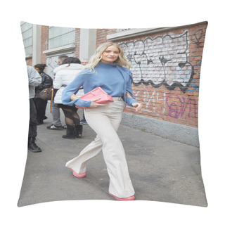 Personality  MILAN, ITALY - FEBRUARY 22, 2023: Victoria Magrath With Blue Shirt, Pink Fendi Bag And Beige Trousers Before Fendi Fashion Show, Milan Fashion Week Street Style Pillow Covers