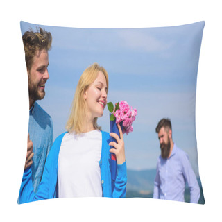 Personality  New Love. Ex Partner Watching Girl Starts Happy Love Relations. Couple In Love Dating Outdoor Sunny Day, Sky Background. Ex Husband Jealous On Background. Couple With Flowers Bouquet Romantic Date Pillow Covers