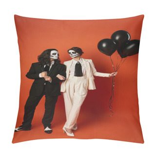Personality  Couple In Catrina Makeup And Suits Looking At Each Other Near Black Balloons On Red, Day Of Dead Pillow Covers