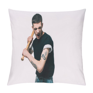 Personality  Aggressive Young Man With Baseball Bat Isolated On White Pillow Covers