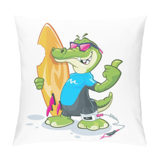 Personality  Alligator Cartoon Mascot With Surfboard And Sunglasses Pillow Covers
