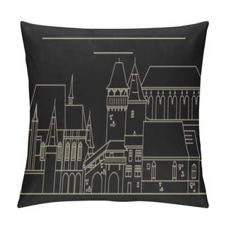 Personality  Romania - Fortified Churches In Transylvania Travel Famous Landmark Skyline, Panorama, Vector. Romania - Fortified Churches In Transylvania Linear Illustration Pillow Covers