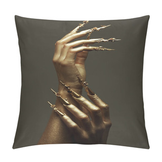 Personality  Art Manicure Concept. Beautiful Golden Hands With Golden Long Ar Pillow Covers