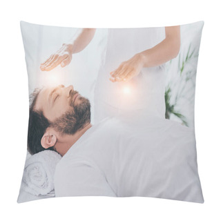 Personality  Cropped Shot Of Bearded Man With Closed Eyes Receiving Reiki Healing Treatment Pillow Covers
