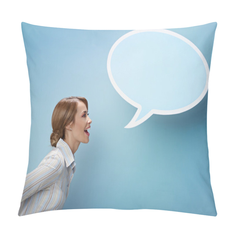 Personality  Businesswoman with think balloon pillow covers