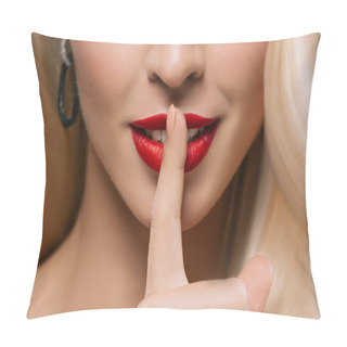 Personality  Cropped View Of Beautiful Woman With Silence Symbol Pillow Covers