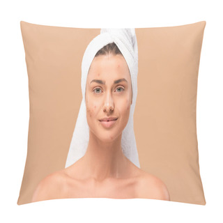 Personality  Happy Nude Girl In Towel Looking At Camera Isolated On Beige  Pillow Covers