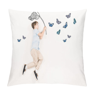 Personality  Top View Of Cheerful Kid Holding Butterfly Net Near Butterflies On White  Pillow Covers