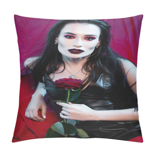 Personality  Brunette Young Woman Looking At Camera And Holding Rose On Red Pillow Covers