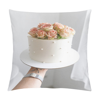 Personality  White Cake Pink Flowers Rose Wedding Hold On Hand Pillow Covers