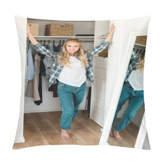 Personality  Smiling Woman Standing At Wardrobe At Home Pillow Covers