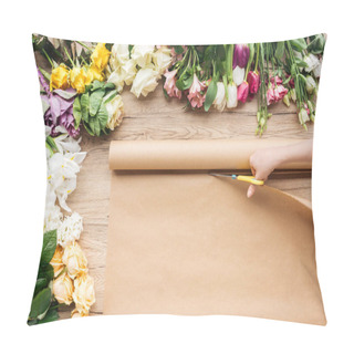 Personality  Partial View Of Florist Cutting Craft Paper With Scissors Near Flowers On Wooden Table Pillow Covers