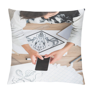 Personality  Overhead View Of Female Fashion Designer Taking Picture Of Painting For Print On T-shirt At Table Pillow Covers