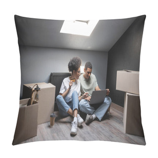 Personality  Smiling African American Couple Using Laptop And Credit Card Near Boxes On Attic In New House Pillow Covers