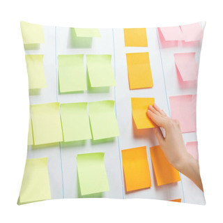 Personality  Cropped View Of Businesswoman Attaching Sticky Notes With Copy Space On White Flipchart Pillow Covers