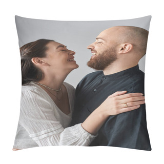 Personality  Vertical Shot Of Happy Laughing Couple Hugging Each Other Lovingly And Smiling At Each Other Pillow Covers