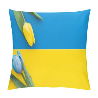 Personality  Top View Of Yellow And Blue Tulips With Leaves On Ukrainian Flag Pillow Covers