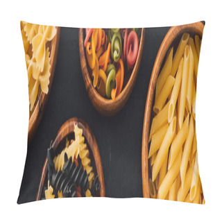 Personality  Top View Of Assorted Colorful Italian Pasta In Wooden Bowls On Black Background, Panoramic Shot Pillow Covers