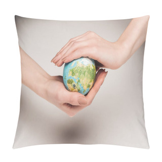Personality  Partial View Of Woman Holding Earth Model On White Background, Global Warming Concept Pillow Covers