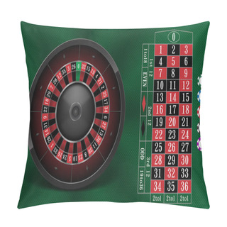 Personality  Casino Gambling Background Design With Realistic Roulette Wheel And Casino Chips. Roulette Table Isolated On Green Background. Vector Illustration. Pillow Covers