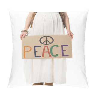 Personality  Partial View Of Pregnant Woman Holding Placard With Inscription Isolated On White Pillow Covers